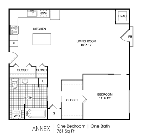 Floor plan for 1 bed, 1 bath, 761 sqft